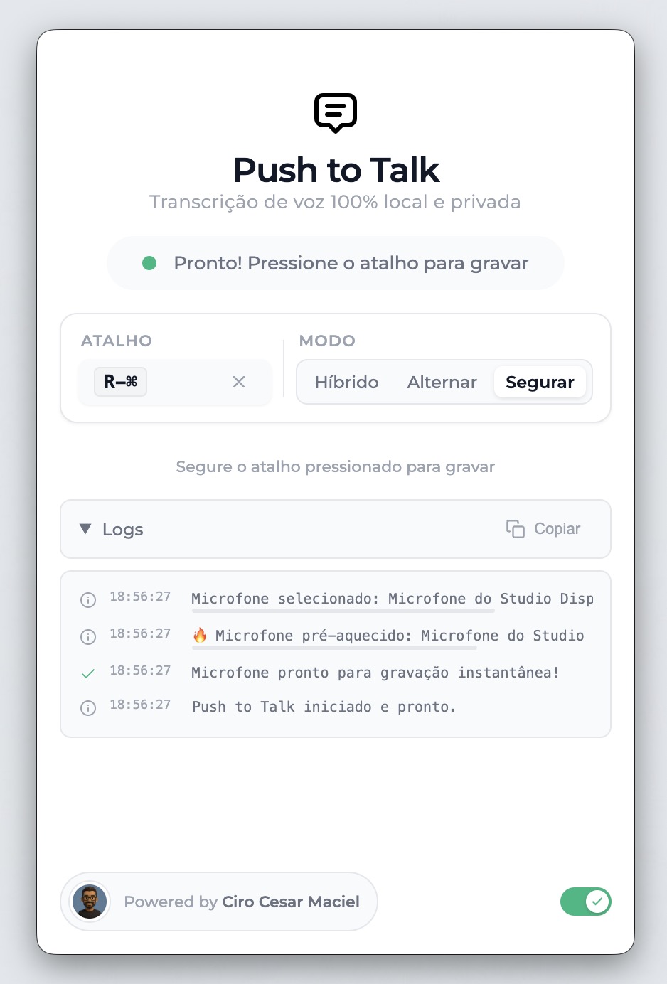 Push to Talk - Interface do aplicativo